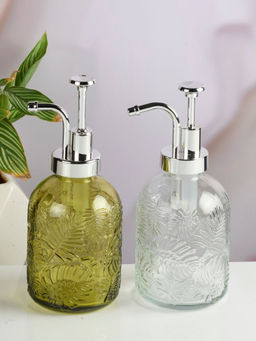 Kookee - Green & Transparent Glass Soap Dispenser Stylish Refillable Pump for Bathroom (Pack of 2)