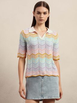 VERO MODA - Women Multi-Color Printed Knit Polo T-shirt
