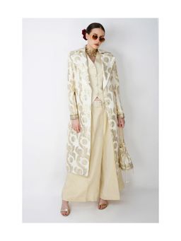 Kovet - Ensemble Beige Jacquard Long Jacket With Waistcoat & Pant