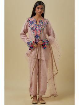 Payal Singhal - Onion Pink Stripes Chanderi Embroidered Yoke Kurta With Pant & Dupatta