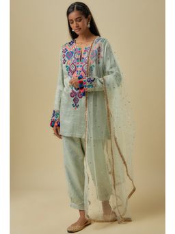 Payal Singhal - Pale Blue Gold Stripes Chanderi Embroidered Yoke Kurta With Pant & Dupatta