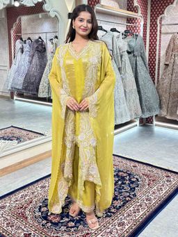 Sindh Fashion - Lime Green Semi Georgette Embroidered Kurta With Pant And Jacket