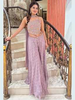 Sindh Fashion - Lavender Semi Georgette Embroidered Blouse With Palazzo And Dupatta