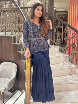 Sindh Fashion - Navy Blue Ethnic Motifs Kurti And Sharara