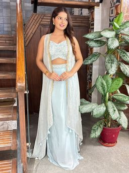 Sindh Fashion - Blue Semi Georgette Embroidered Blouse With Skirt And Jacket