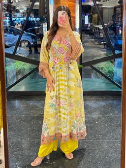 Sindh Fashion - Yellow Mul Cotton Floral Embroidered Kurta And Pant