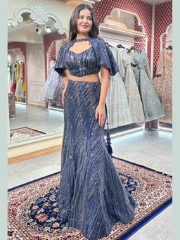 Sindh Fashion - Navy Blue Ethnic Motifs Blouse With Lehenga And Cape