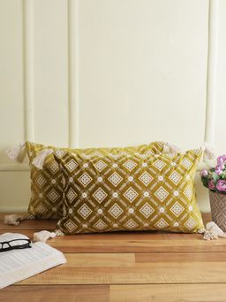 Eyda - Super Soft Green Color Set Of 2 Embroidered Cushion Cover-12X20 Inch
