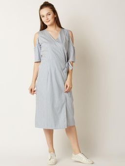 Miss Chase - Blue And White V-neck Half Sleeve Striped Midi Cold Shoulder Wrap Dress