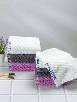 Nautica - Twist Pure Cotton Towel, Set of 12 Face Towels Solid-White-Steel Grey-Lilac