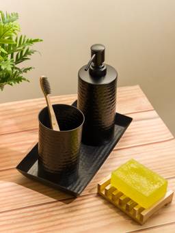 Nautica - Elegant Stainless Steel Bath Accessories Set, Set of 3 Stripes-Matte Black