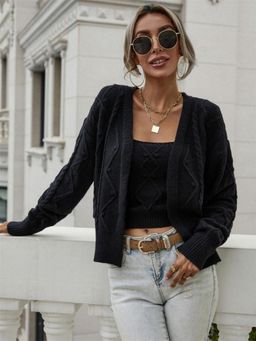 Oh Rare - Black Twisted Rope Knitted Acrylic Loose Fit Cardigan with Crop Top