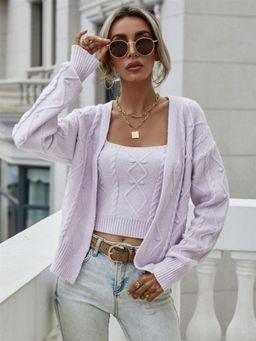 Oh Rare - Lavender Twisted Rope Knitted Acrylic Loose Fit Cardigan with Crop Top