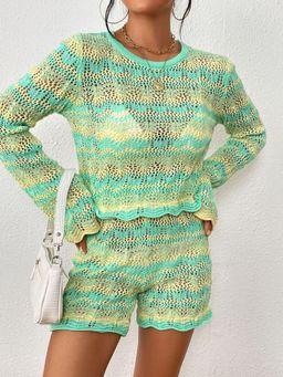 Oh Rare - Womens Green Self Design Knitted Top with Shorts