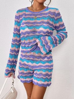 Oh Rare - Womens Purple Self Design Knitted Top with Shorts