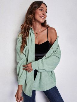 Oh Rare - Womens Green Opaque Oversized Fit Solid Casual Shirt