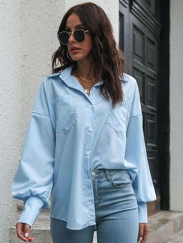 Oh Rare - Womens Blue Relaxed Fit Collar Solid Casual Shirt