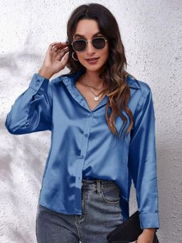 Oh Rare - Womens Blue Collar Solid Casual Shirt
