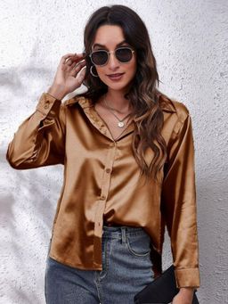 Oh Rare - Womens Brown Collar Solid Casual Shirt