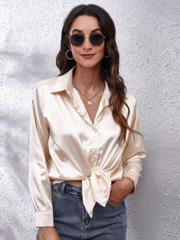 Oh Rare - Womens Light Cream Collar Solid Casual Shirt