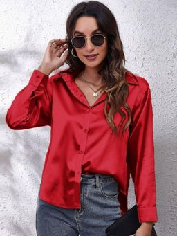 Oh Rare - Womens Red Collar Solid Casual Shirt