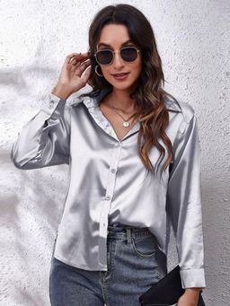 Oh Rare - Womens Grey Collar Solid Casual Shirt