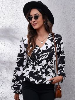 Oh Rare - Womens Black Floral Printed Opaque Casual Top