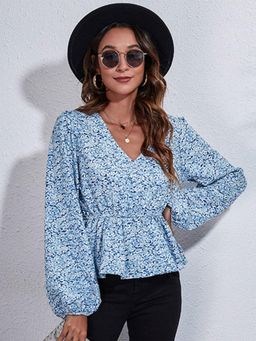 Oh Rare - Womens Blue Floral Opaque Printed Casual Top