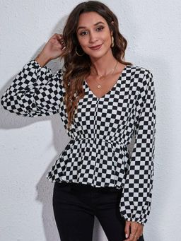 Oh Rare - Womens White & Black Opaque Checks Casual Top