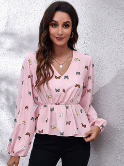 Oh Rare - Womens Pink Opaque Printed Casual Top