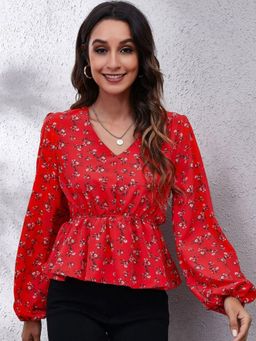 Oh Rare - Womens Red Floral Printed Opaque Casual Top