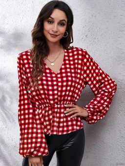 Oh Rare - Womens Red Opaque Checks Casual Top