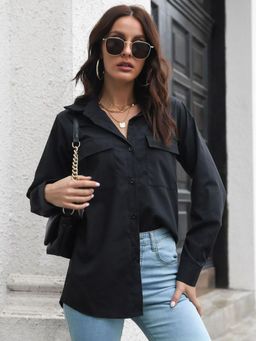 Oh Rare - Womens Black Relaxed Fit Collar Solid Cotton Casual Shirt