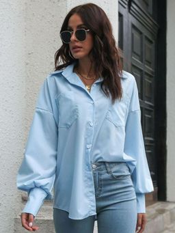 Oh Rare - Womens Blue Relaxed Fit Collar Solid Casual Shirt