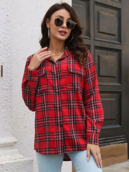 Oh Rare - Womens Red Checks Relaxed Fit Collar Tartan Casual Shirt