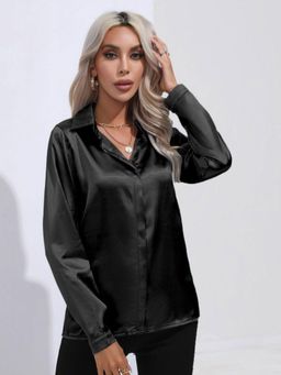 Oh Rare - Womens Black Spread Collar Solid Casual Shirt