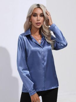 Oh Rare - Womens Blue Spread Collar Solid Casual Shirt