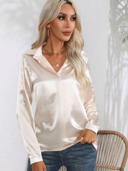 Oh Rare - Womens Cream Spread Collar Solid Casual Shirt