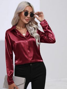 Oh Rare - Womens Maroon Spread Collar Solid Casual Shirt