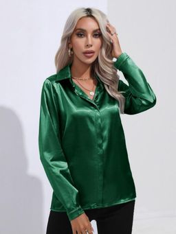 Oh Rare - Womens Olive Spread Collar Solid Casual Shirt