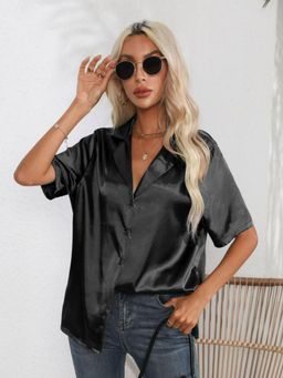 Oh Rare - Womens Black Solid Satin Casual Shirt