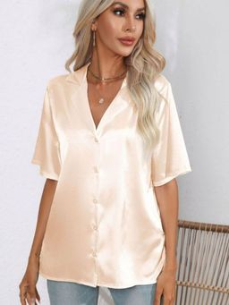 Oh Rare - Womens Beige Solid Satin Casual Shirt