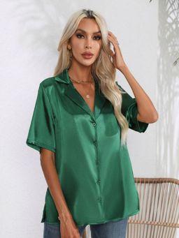 Oh Rare - Womens Olive Solid Satin Casual Shirt