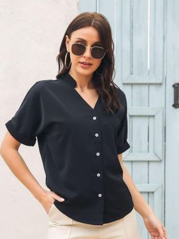 Oh Rare - Womens Black Mandarin Collar Solid Shirt