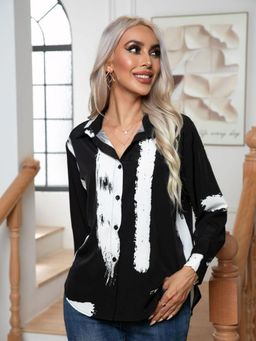 Oh Rare - Womens Black Collar Abstract Printed Casual Shirt