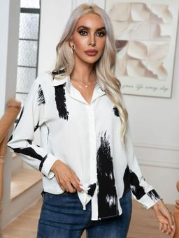 Oh Rare - Womens White Collar Abstract Printed Casual Shirt