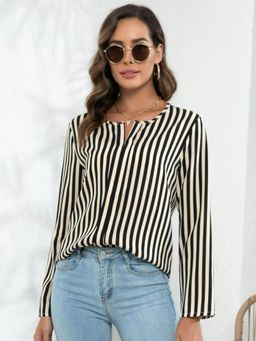 Oh Rare - Womens Beige Vertical Stripes Round Neck Top