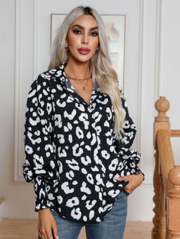 Oh Rare - Womens Black Collar Animal Printed Casual Shirt