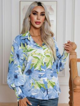 Oh Rare - Womens Blue Collar Floral Printed Casual Shirt