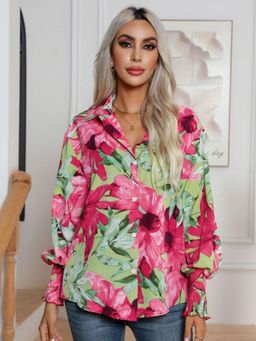 Oh Rare - Womens Multi-Color Collar Floral Printed Casual Shirt